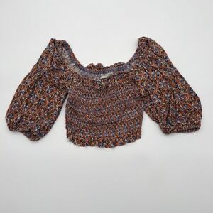 Urban Outfitters Smocked Boho Crop Top‎ Puff Sleeve Geometric Print Small S-P